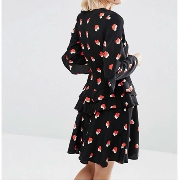 ASOS Black Ruffle Dress With Red and Pink Hearts Size 6 - Picture 2 of 6